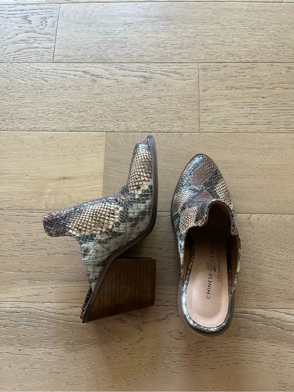 Chinese Laundry Snakeskin Block Heel Mules - Brown/Tan/Black